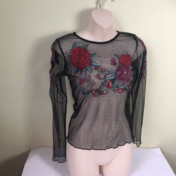 American Eagle AEO Sheer Mesh Flowers Embroidery Rose Stretch Top Shirt Y2K Boho - Picture 9 of 16